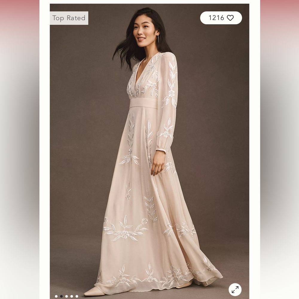 BHLDN Belize Embroidered A-Line Long Sleeve V-Neck Champagne Gown. Sz 4 NWT!